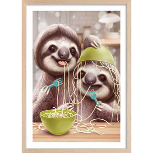 Affiche enfant jeune paresseux et spaghetti  Affiche + cadre en bois - Chêne