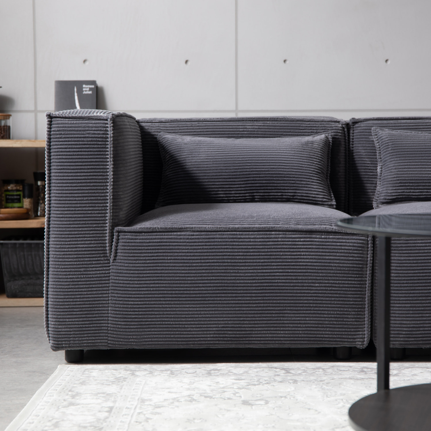 RAMOS Canapé modulable 3 places velours côtelé gris avec pouf
