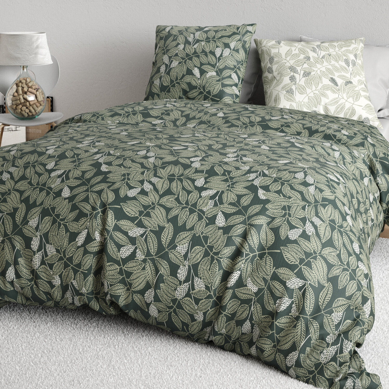 Parure housse de couette 100% percale de coton motif feuilles - EMERIDE