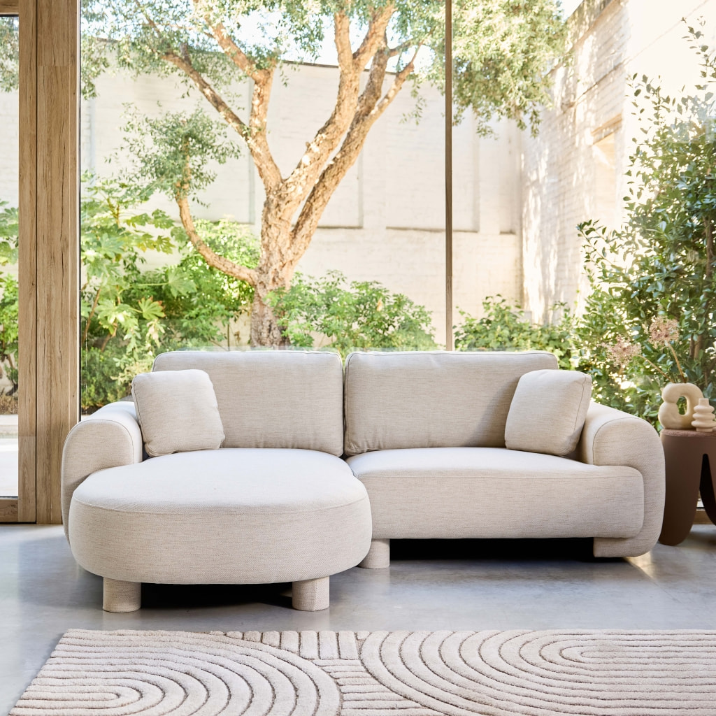 Canapé d'angle gauche 3 places tissu, pieds ronds ZENIO