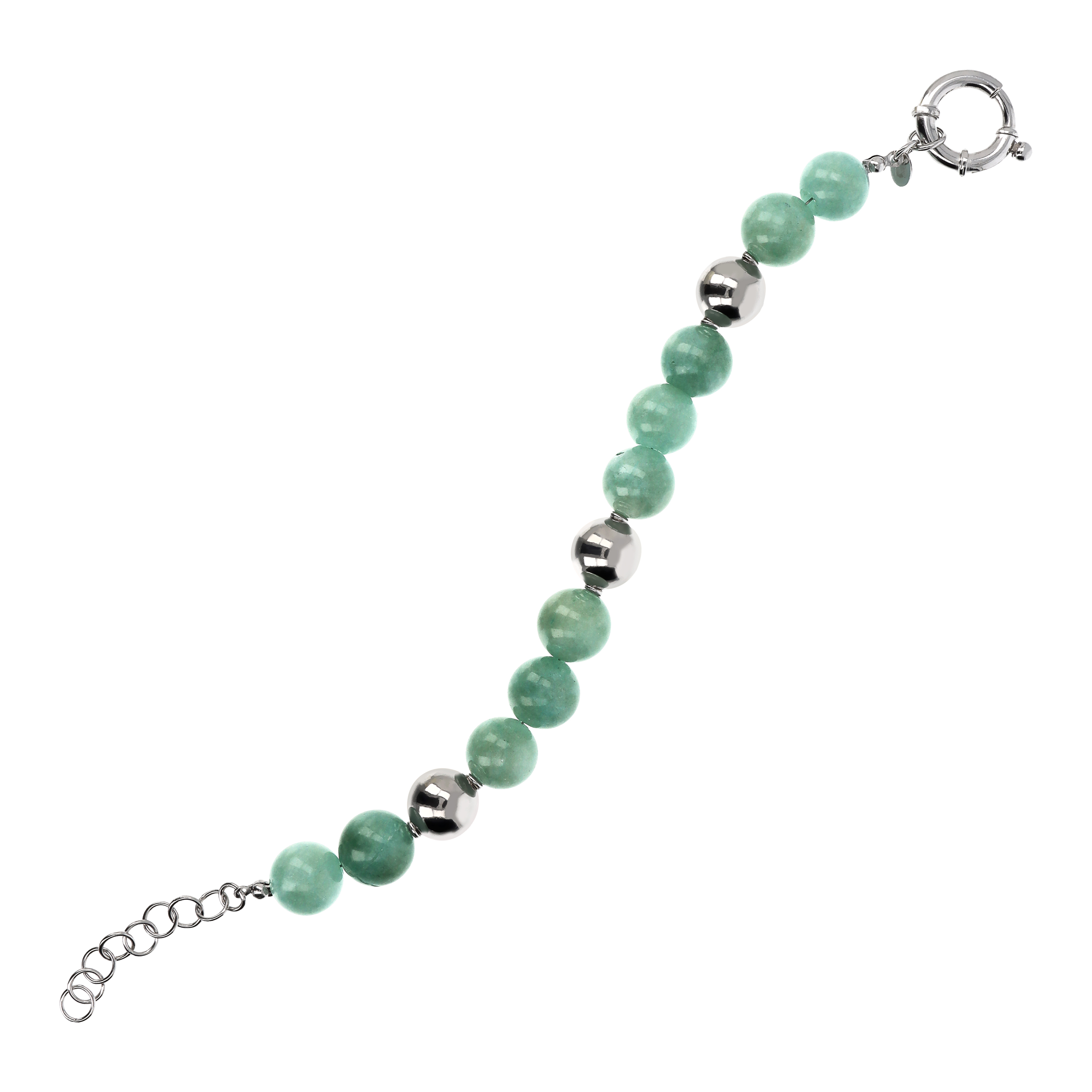 Bracciale di Sfere Argentate e in Pietra Naturale Quarzite Verde in Argento 925 placcato Rodio