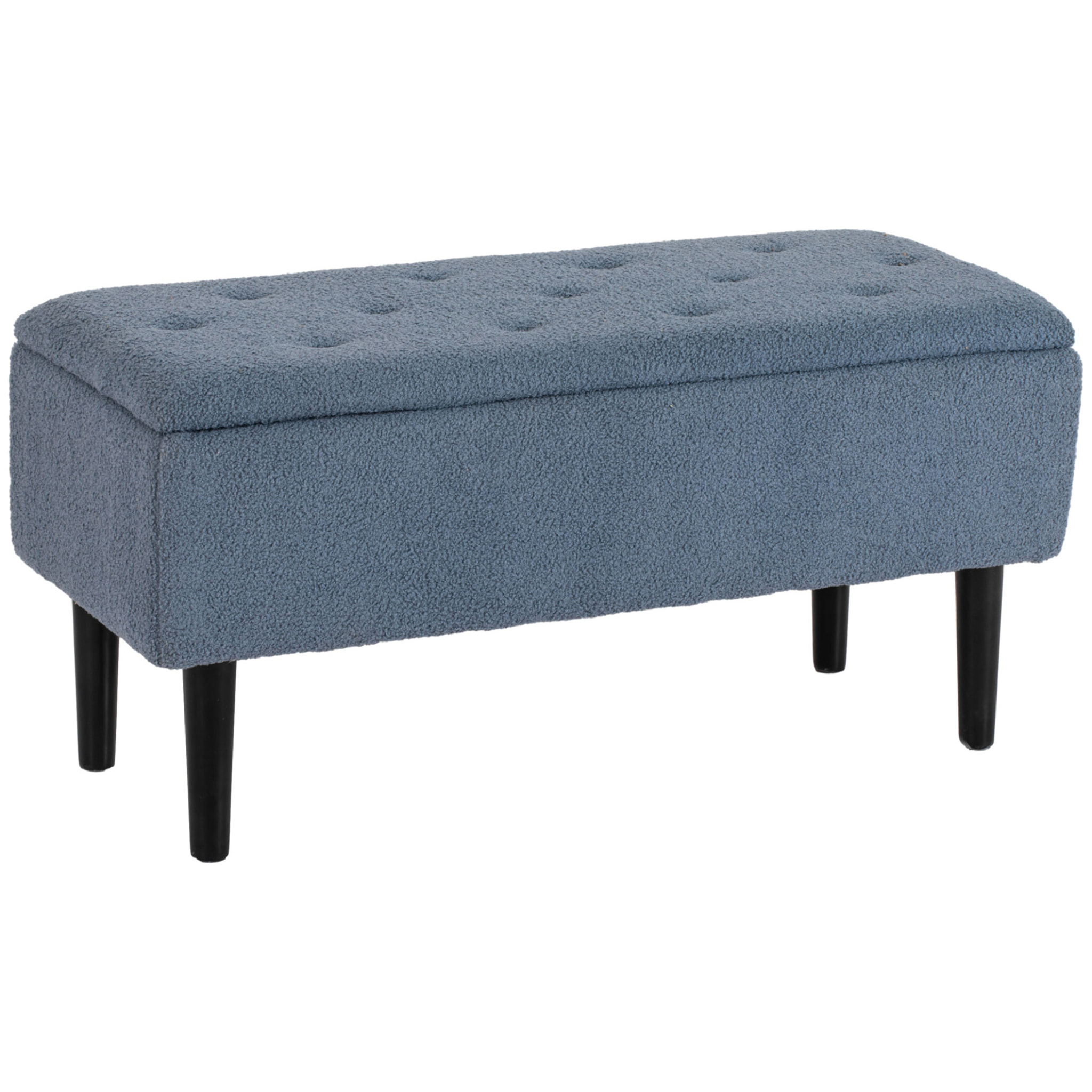 Banc coffre de rangement 2 en 1 piètement bois noir tissu bouclette bleu