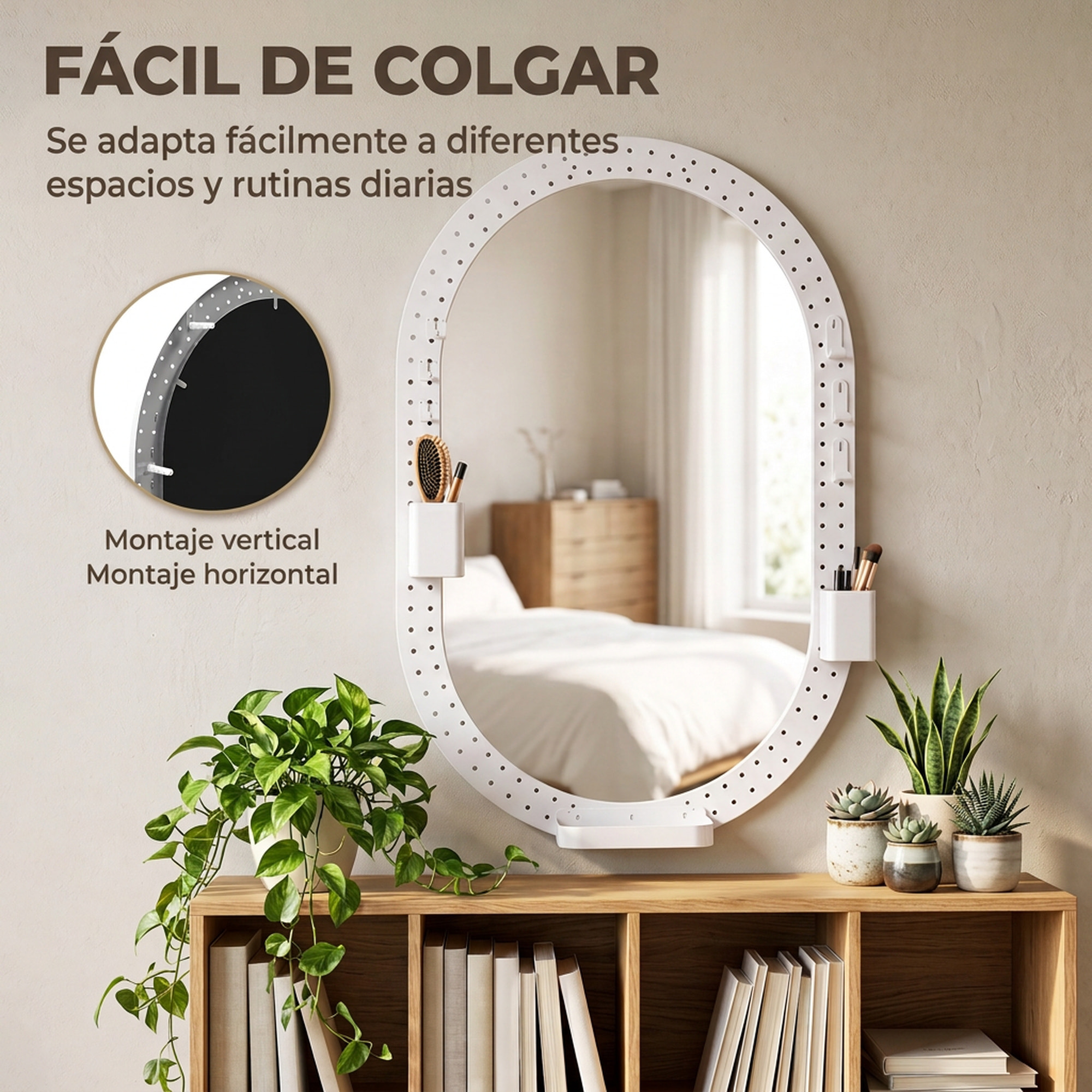 Espejo de Pared Ovalado 90x60 cm con Panel Perforado, Espejo Decorativo Pared para Salón, Dormitorio, Recibidor Entrada, Blanco