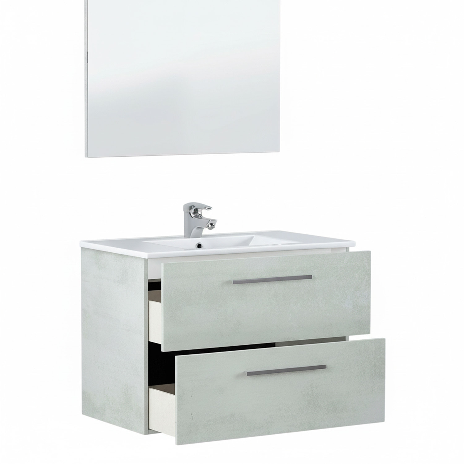 Mobile Mobiletto Bagno Sospeso Con 2 Cassettoni Soft Close Con Lavandino Lavabo In Ceramica E Specchio 57 x 80 x 45 Cm Colore Cemento Laccato