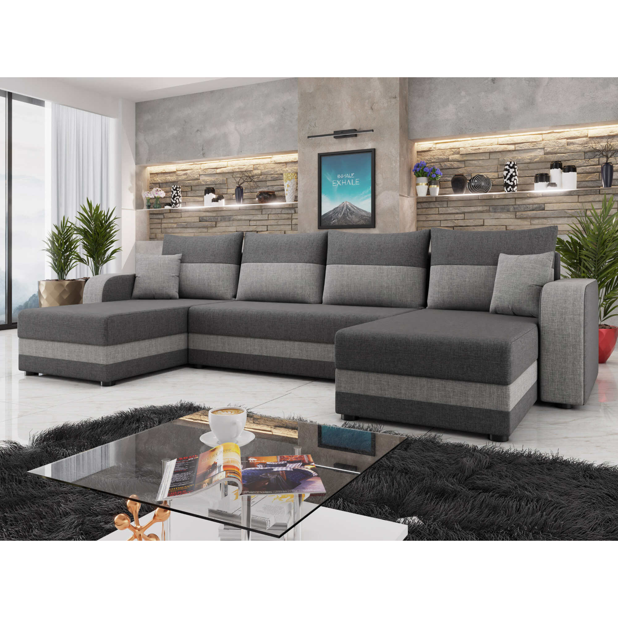 Harvey - Canapé panoramique en U 7 places convertible avec coffre en tissu bicolore - Gris