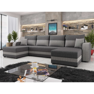 Harvey - Canapé panoramique en U 7 places convertible avec coffre en tissu bicolore - Gris