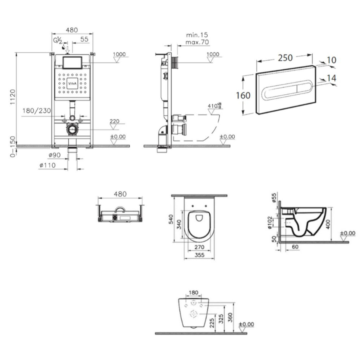 V-Fix Core Pack WC bâti-support + WC sans bride Vitra S60 + Abattant SoftClose + Plaque blanc (V-FixS60-4)