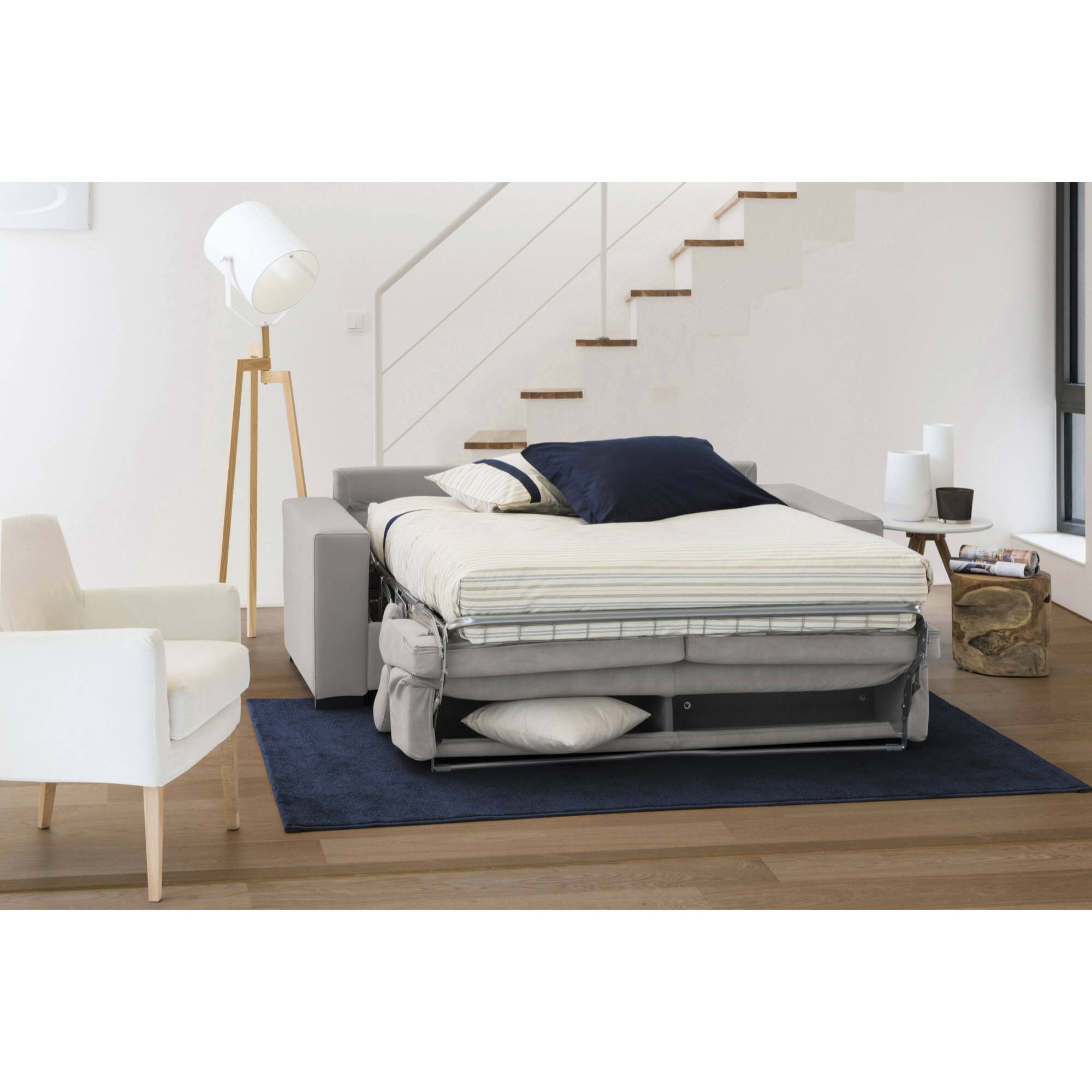 Divano Letto Aisha, Divano a 3 posti, 100% Made in Italy, Sofà Soggiorno con apertura girevole, con poggiatesta regolabili e Braccioli slim, Cm 200x95h85, Grigio