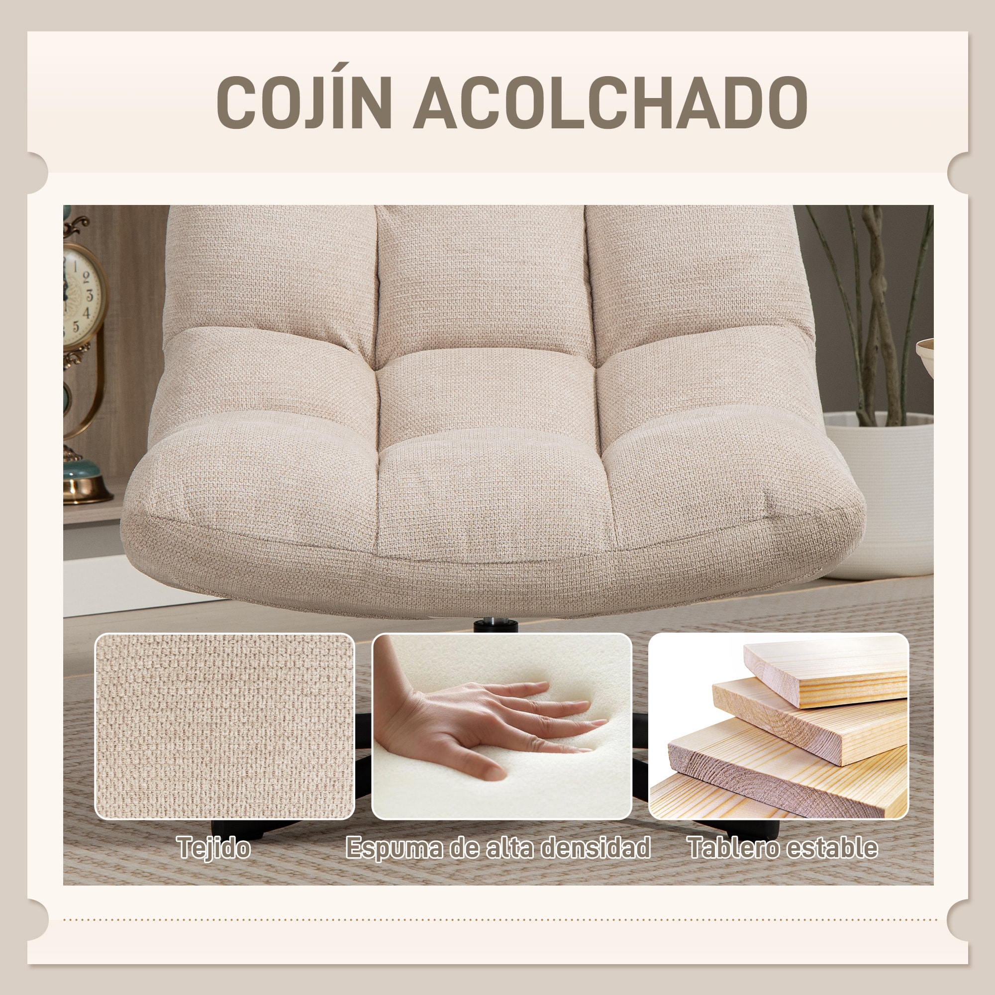 Sillón Giratorio Moderno, Butaca de Salón con Base de Cruz, Tapizado en Chenilla Impermeable, Asiento Extra Ancho y Patas de Acero, Sillón Relax para Sala de Estar, Dormitorio, Blanco Crema