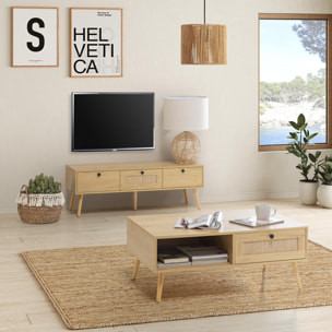 Mueble TV Bella 3 Puertas Color Roble con ratán Natural