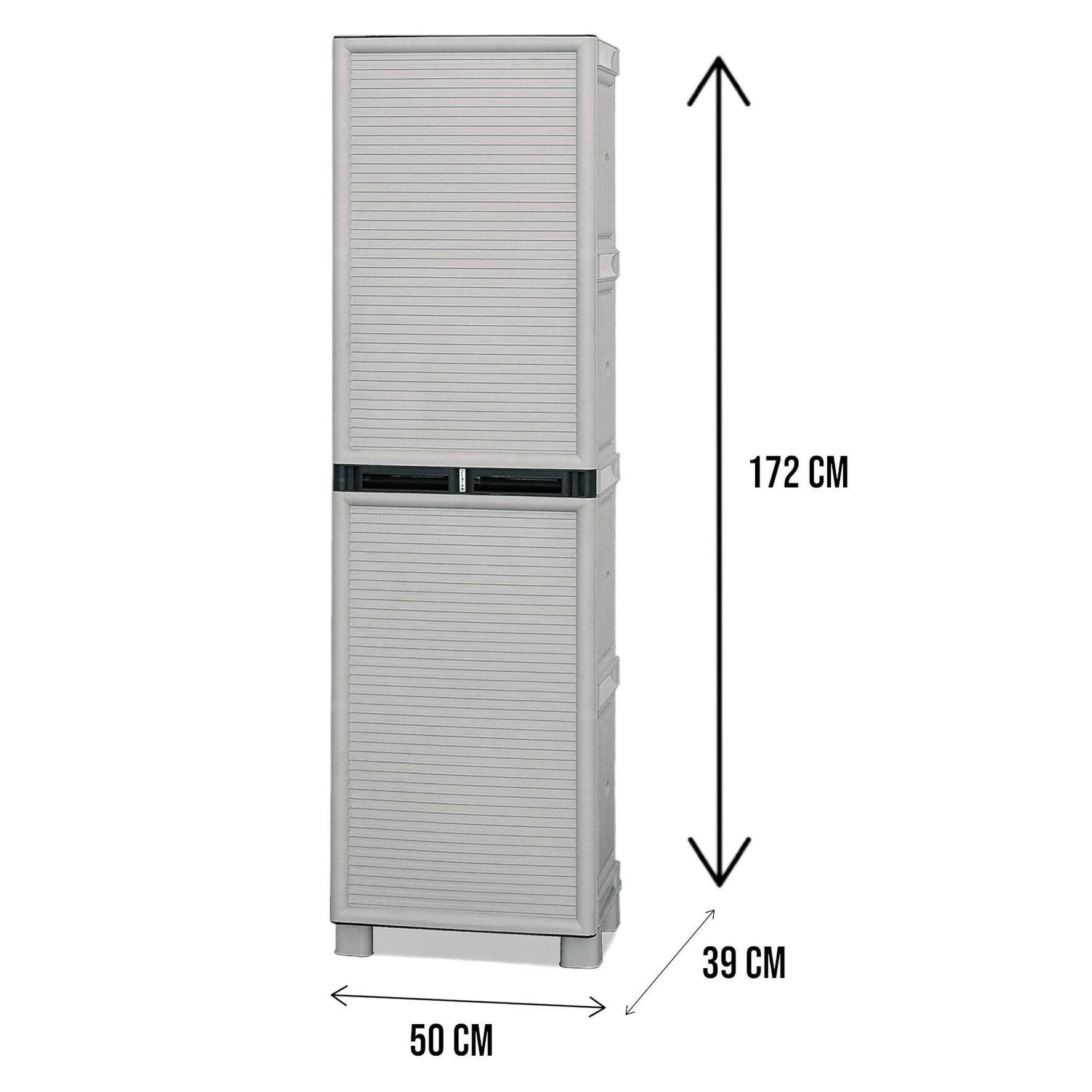 Armadio portascope da esterno o interno, Mobile a 1 anta e 3 ripiani in polipropilene, 100% Made in Italy, cm 50x39h172, colore Grigio chiaro