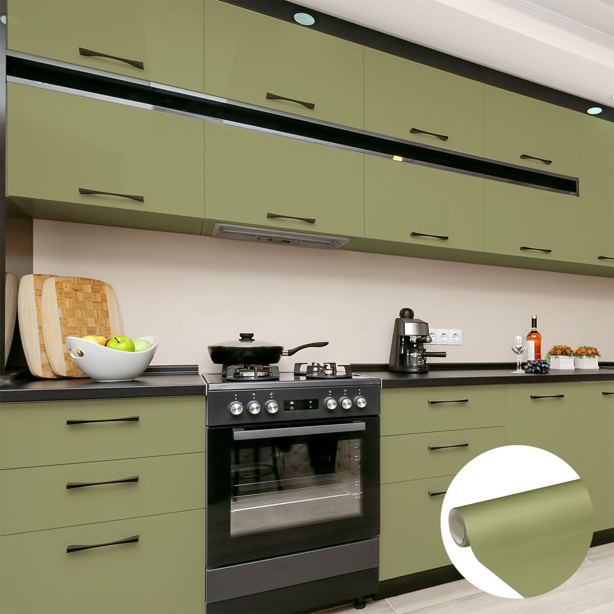 Rouleau adhésif décoratif Vinyle au Mètre - Vert olive - Sticker Lavable Imperméable Mur Cuisine Meubles