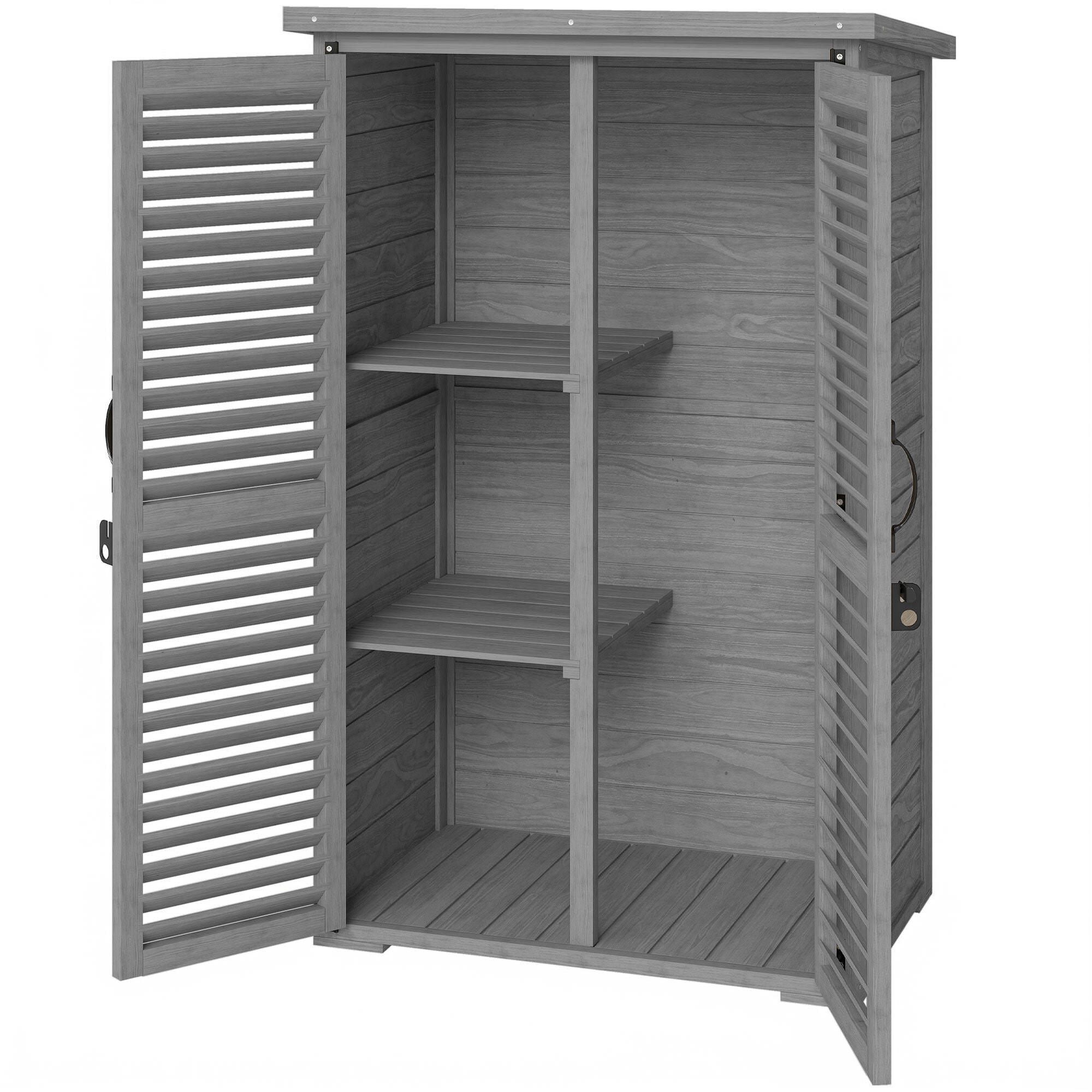 Armoire de jardin  2 portes persiennes 2 étagères toit bitumé bois gris