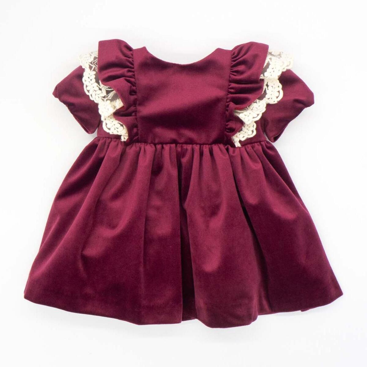 Vestido con manga farol y puntilla en hombros de terciopelo granate