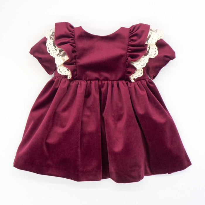 Vestido con manga farol y puntilla en hombros de terciopelo granate