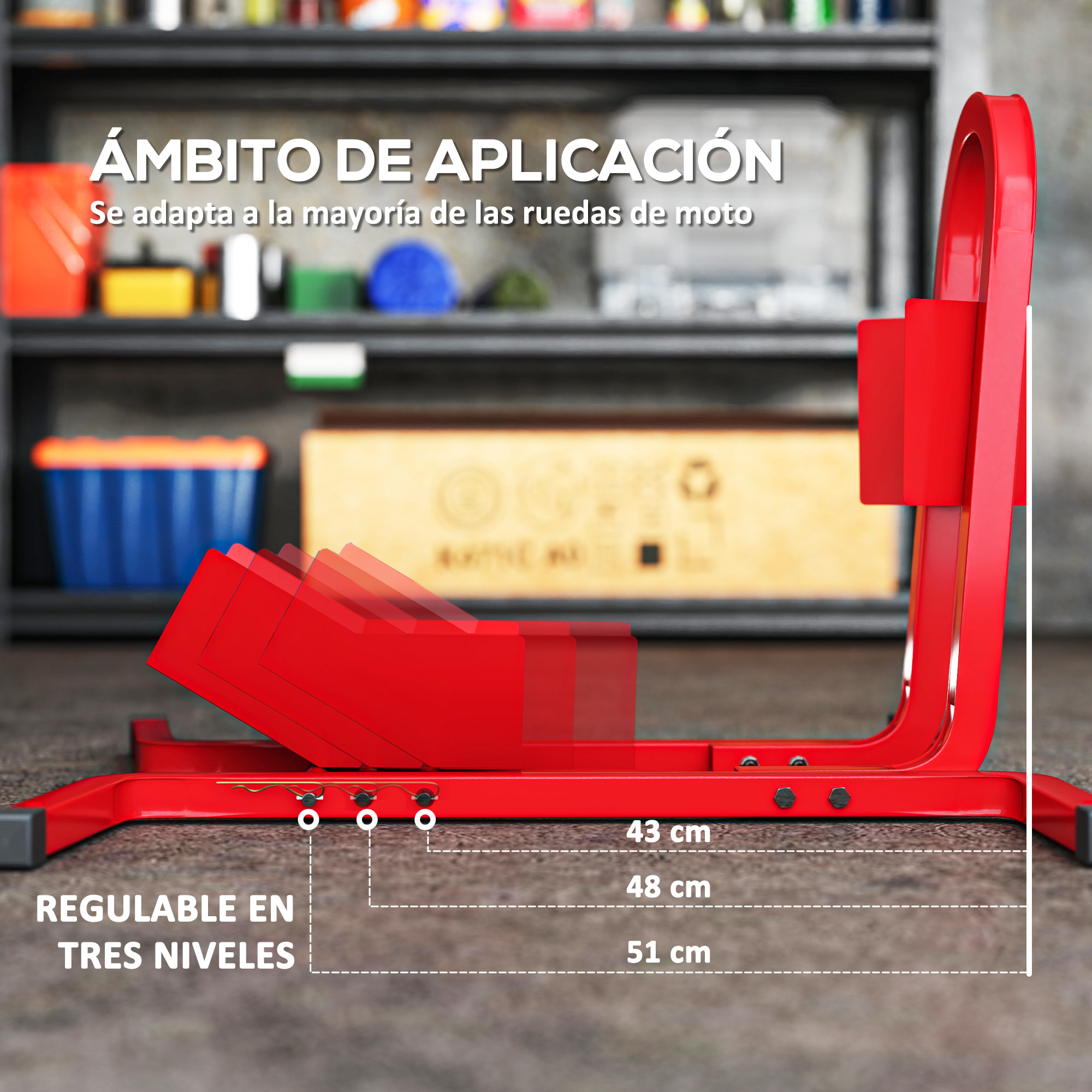 Caballete de Moto, Carga 250 kg, Soporte para Rueda Delantera de Moto Ajustable en 3 Niveles de Metal Robusto, para Ruedas Ë†â€¦43, 48, 53 cm, Rojo