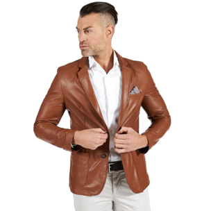 Blazer in pelle naturale cuoio con taschino e fazzoletto