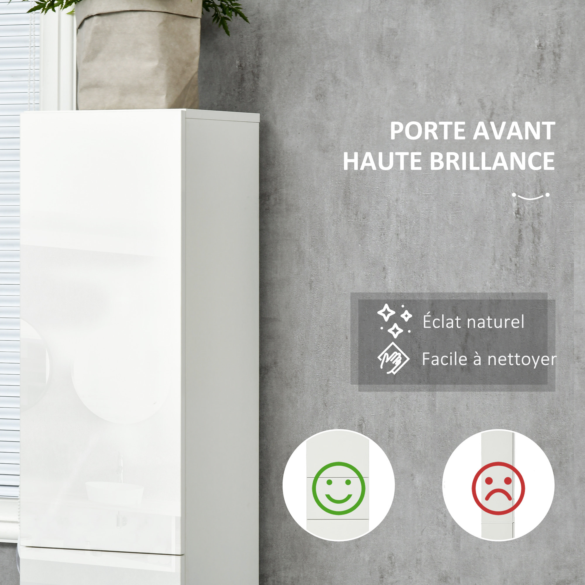 Meuble colonne rangement salle de bain style contemporain façade laquée 2 portes 3 étagères tiroir panneaux MDF blanc