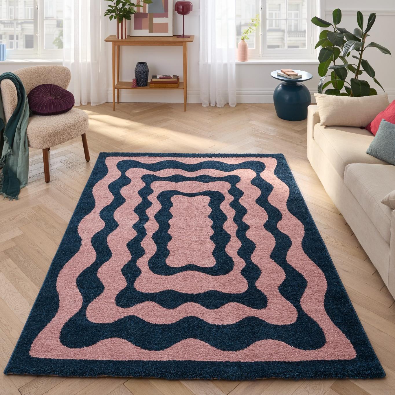 GROOVY - Tapis coloré style seventies - Confortable et moelleux - Bleu