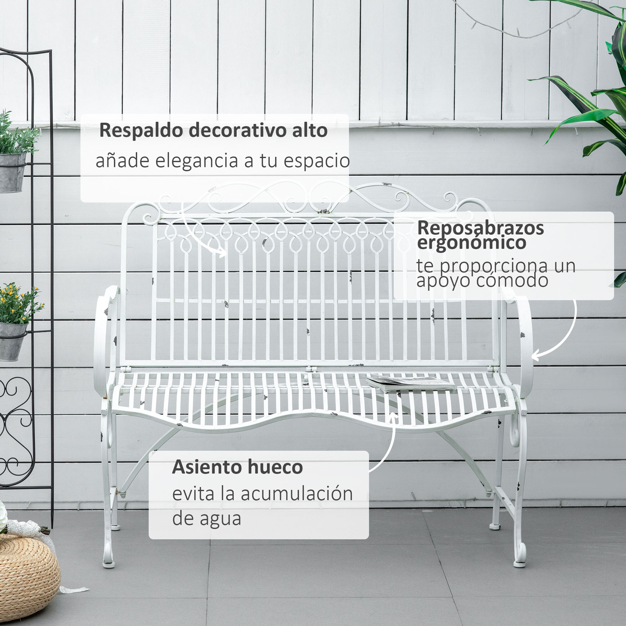 Outsunny Banco Jardín 2 Plazas 110x60x97 cm con Reposabrazos Carga 200 kg Blanco