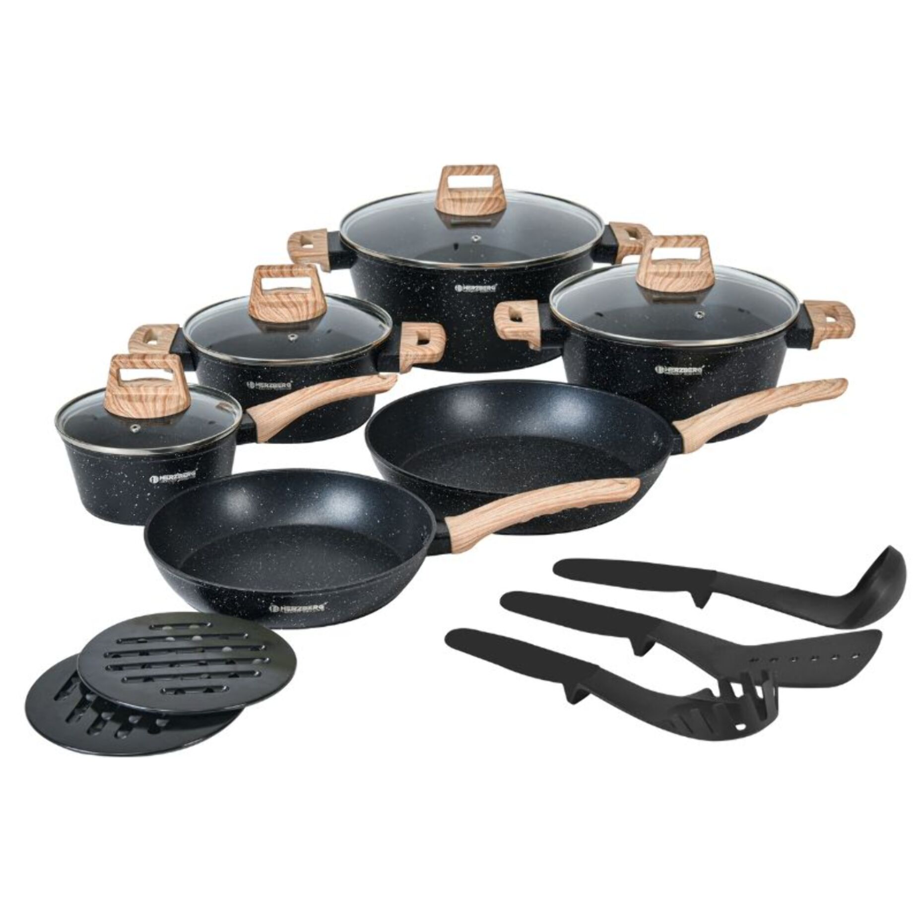 Batterie de cuisine 15 pièces avec revêtement en granit et manche en bois Noir Herzberg HGWDMRB15-BLK