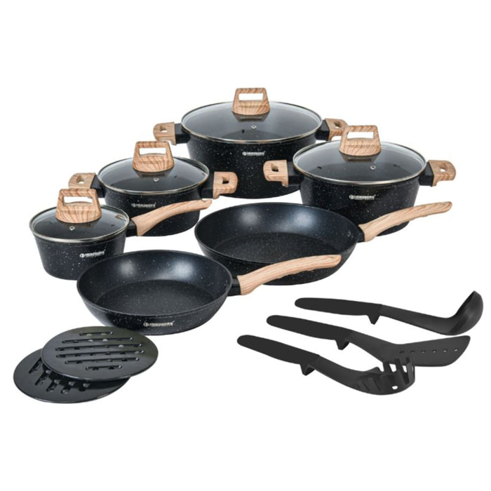 Batterie de cuisine 15 pièces avec revêtement en granit et manche en bois Noir Herzberg HGWDMRB15-BLK