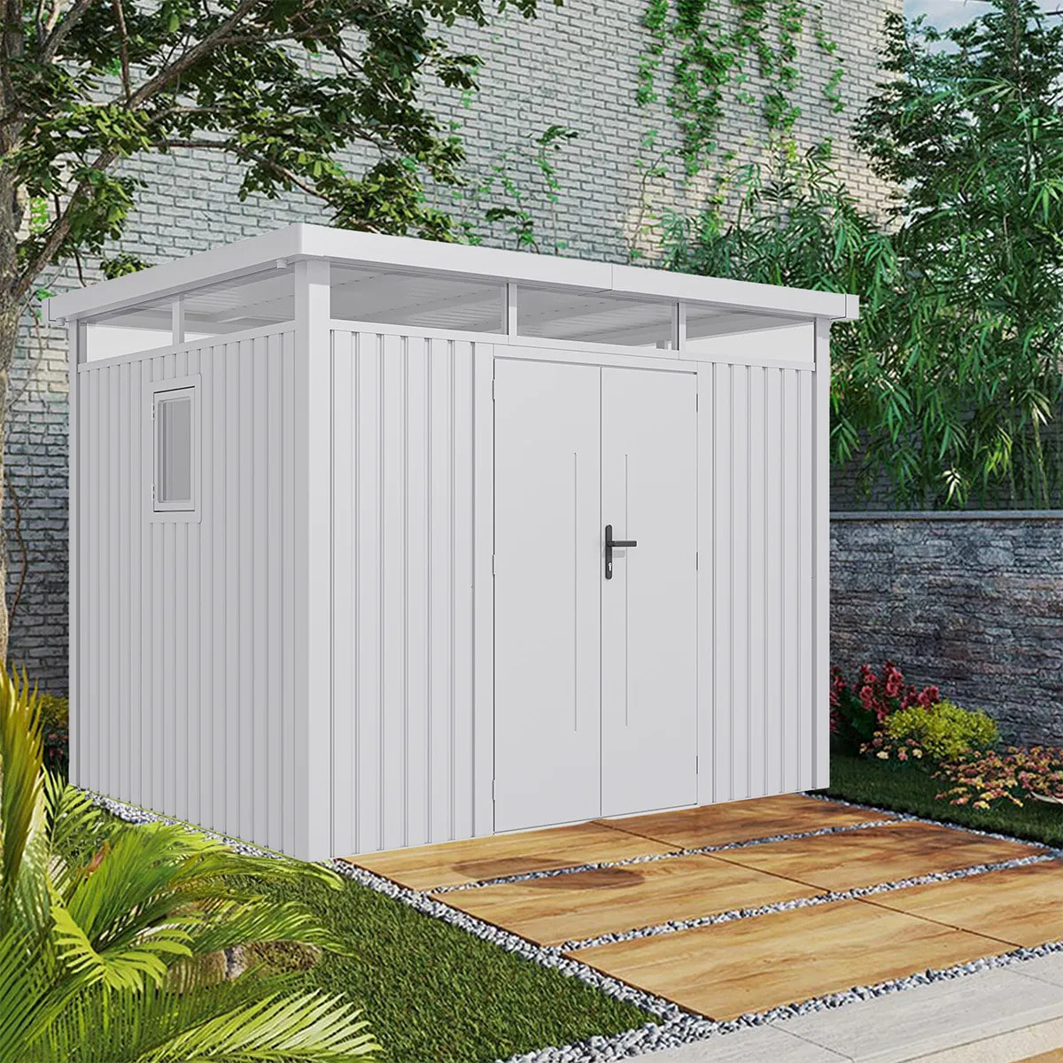 Abri de jardin métal Blanc Aluminium 7.45m² toit plat + kit d'ancrage