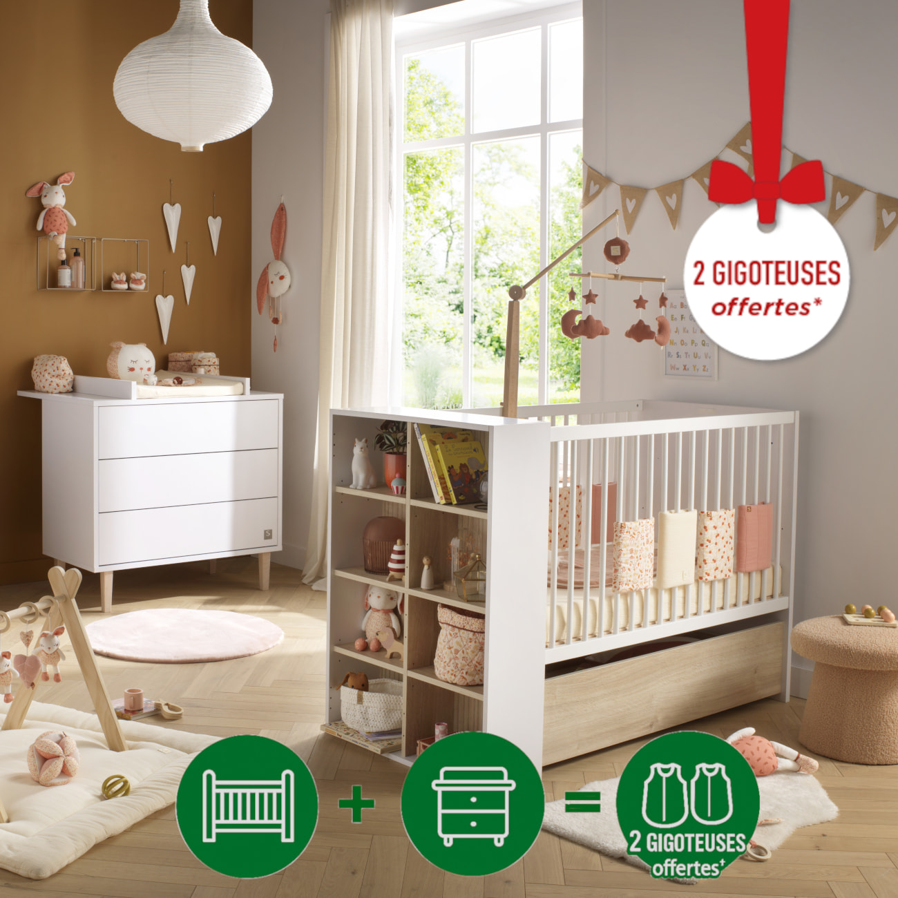 Chambre bébé évolutive Paloma, Lit 120x60 évolutif et Commode à langer 3 tiroirs - Chêne sépia