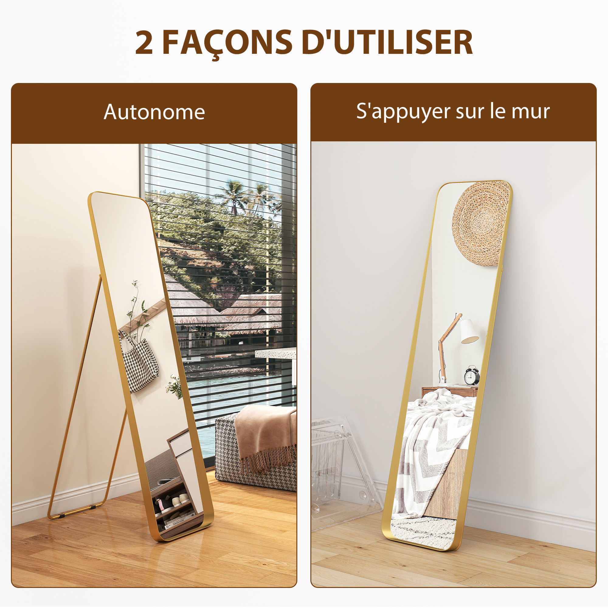 Miroir sur pied design métal doré dim. 40 x 160 cm autoportant ou à adosser