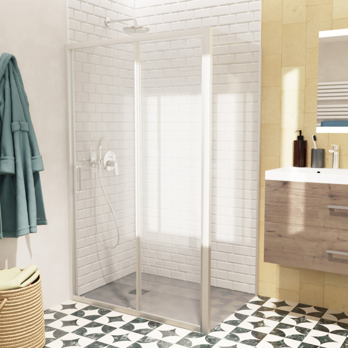 TEX BB ensemble porte coulissante/paroi 100x100cm anticalcaire avec profilés chrome brillant (TEXDBB100S100-SET)