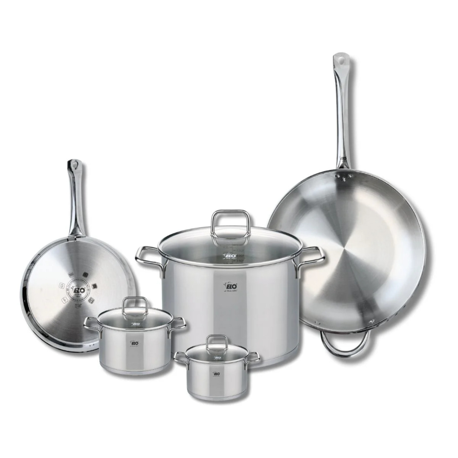 Ensemble de 2 Poêles de cuisson 24 et 32 cm et 3 faitouts 12, 14 et 26 cm Elo Profi Citrin