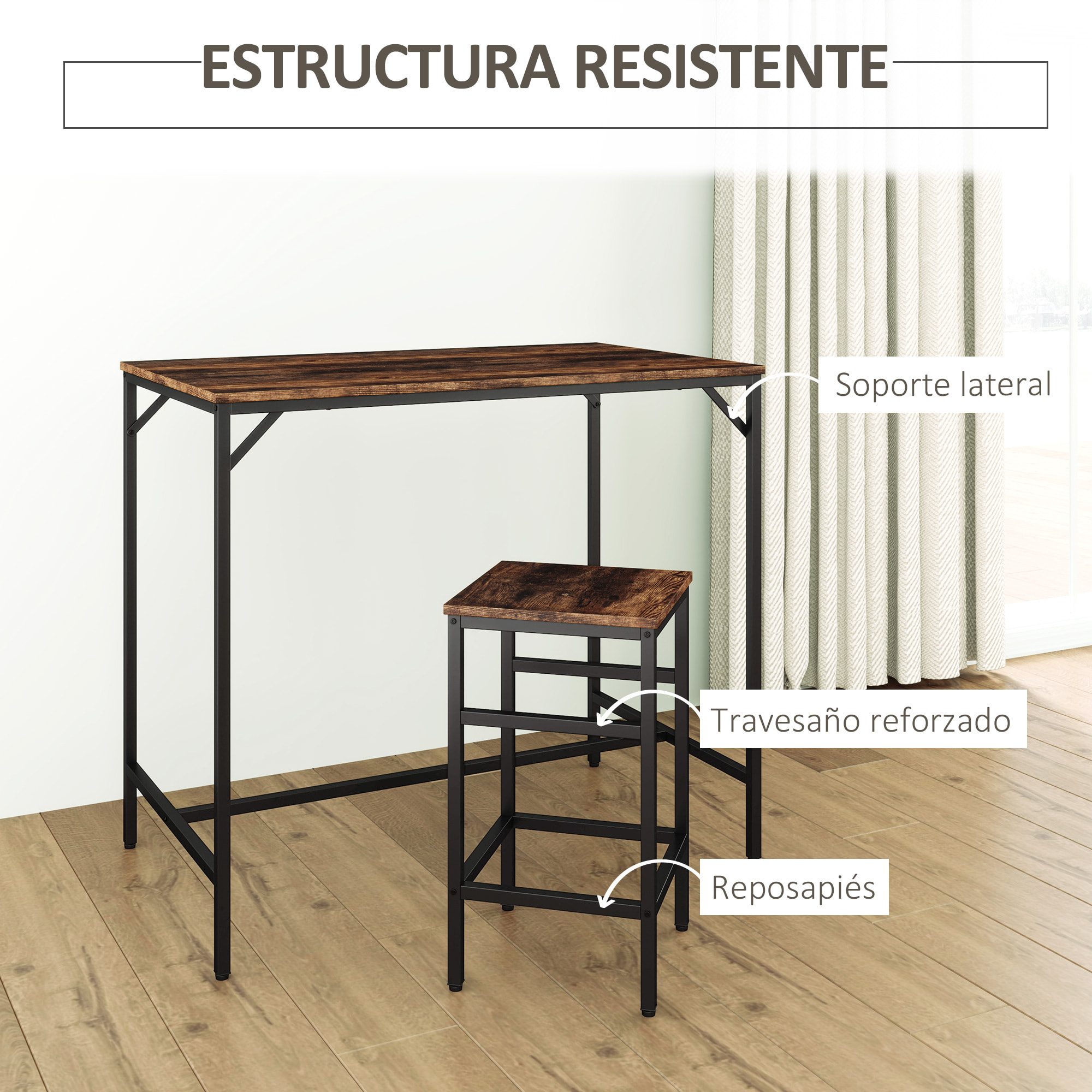 Juego de Mesa y Taburetes de Bar, Mesa Alta de Cocina con 4 Taburetes Industrial, con Reposapiés, Ahorro de Espacio, para Espacios Reducidos, Comedor, Salón, Marrón Rústico