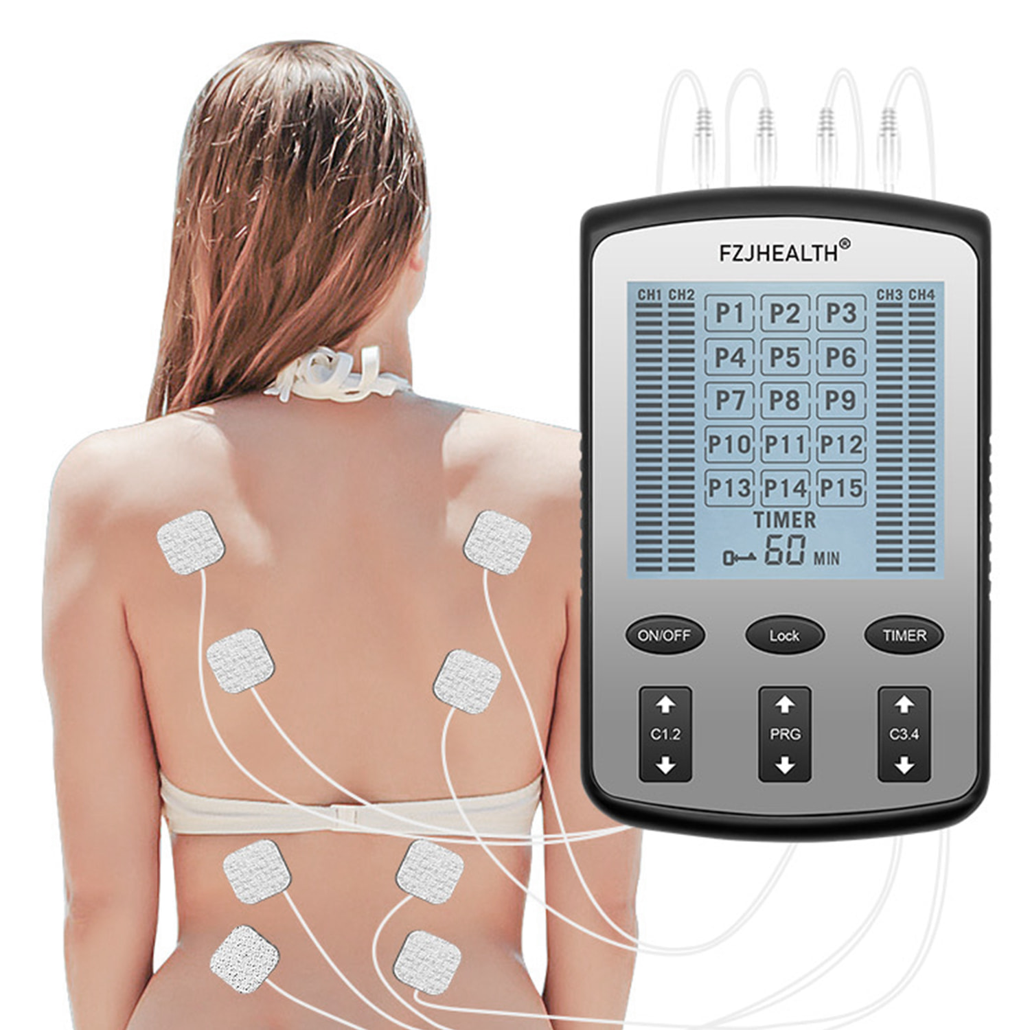 Instrumento de fisioterapia de pulsos de baja frecuencia Tens. 4 canales, 15 modos, 20 velocidades.