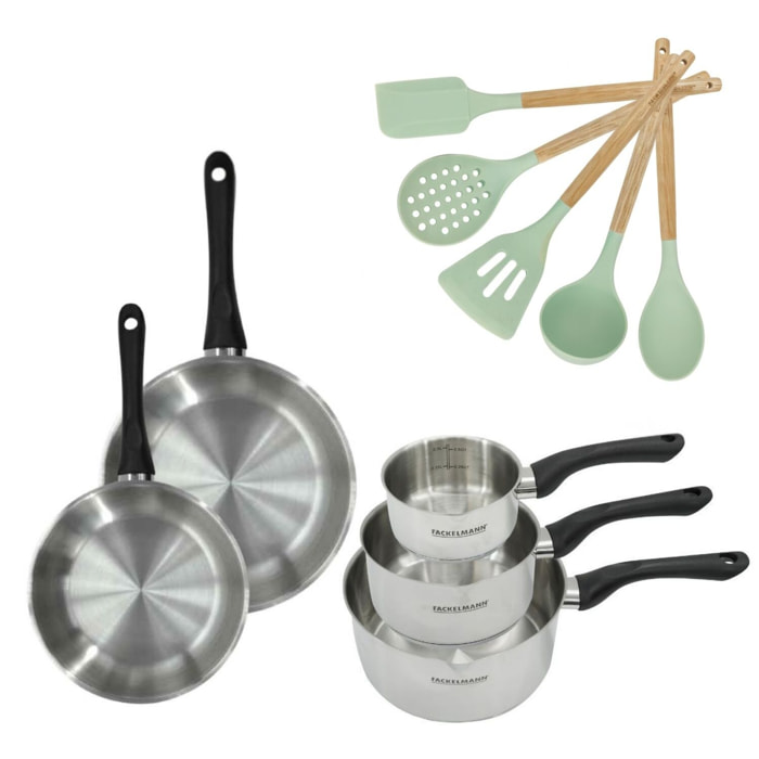 Lot 2 Poêles et Casseroles 12/16/20cm Fackelmann Généva avec 5 ustensiles Océan