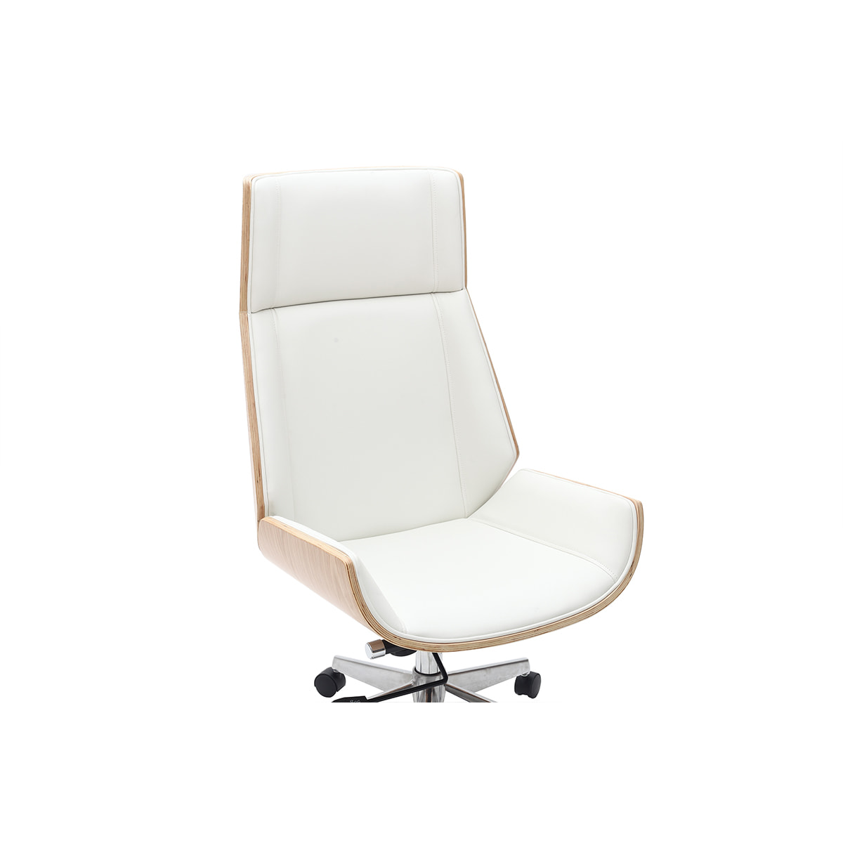 Fauteuil de bureau de direction design blanc, bois clair et acier chromé CURVED