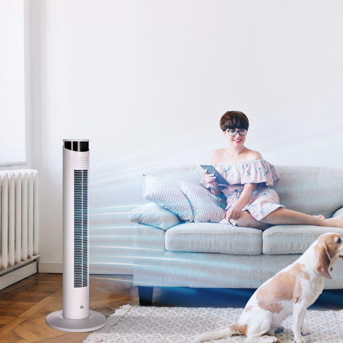 Ventilador de Torre Oscilante 45W con Control Remoto Temporizador de 12â‚¬Â¯h 3 Velocidades 3 Modos Pantalla LED y Asa de Transporte para Dormitorio Ø31,5x93 cm Blanco