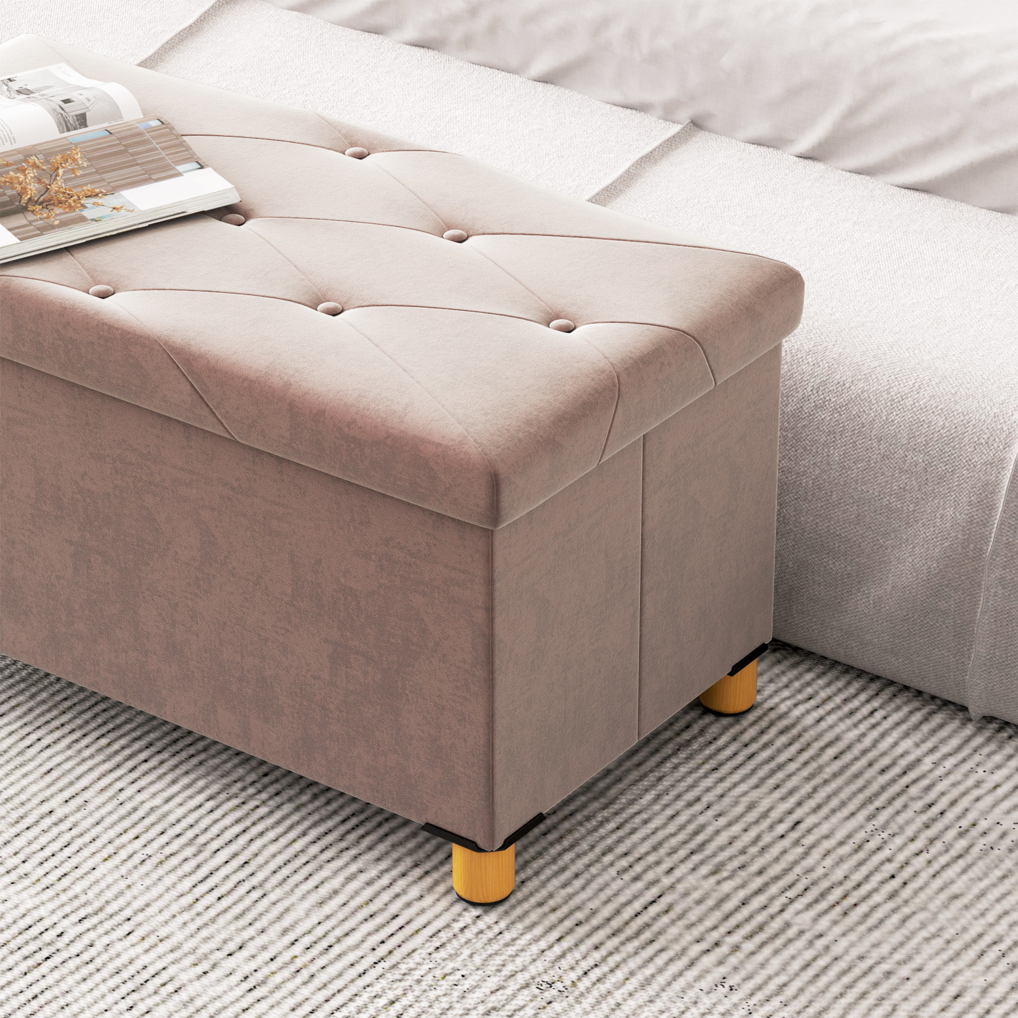 Puff Almacenaje, Banco Almacenaje Plegable, Capacidad de 67 L, 76x38x38 cm, Tapizado en Terciopelo, Baúl de Almacenamiento Dormitorio, Carga 120 kg, para Sala de Estar, Entrada, Rosa