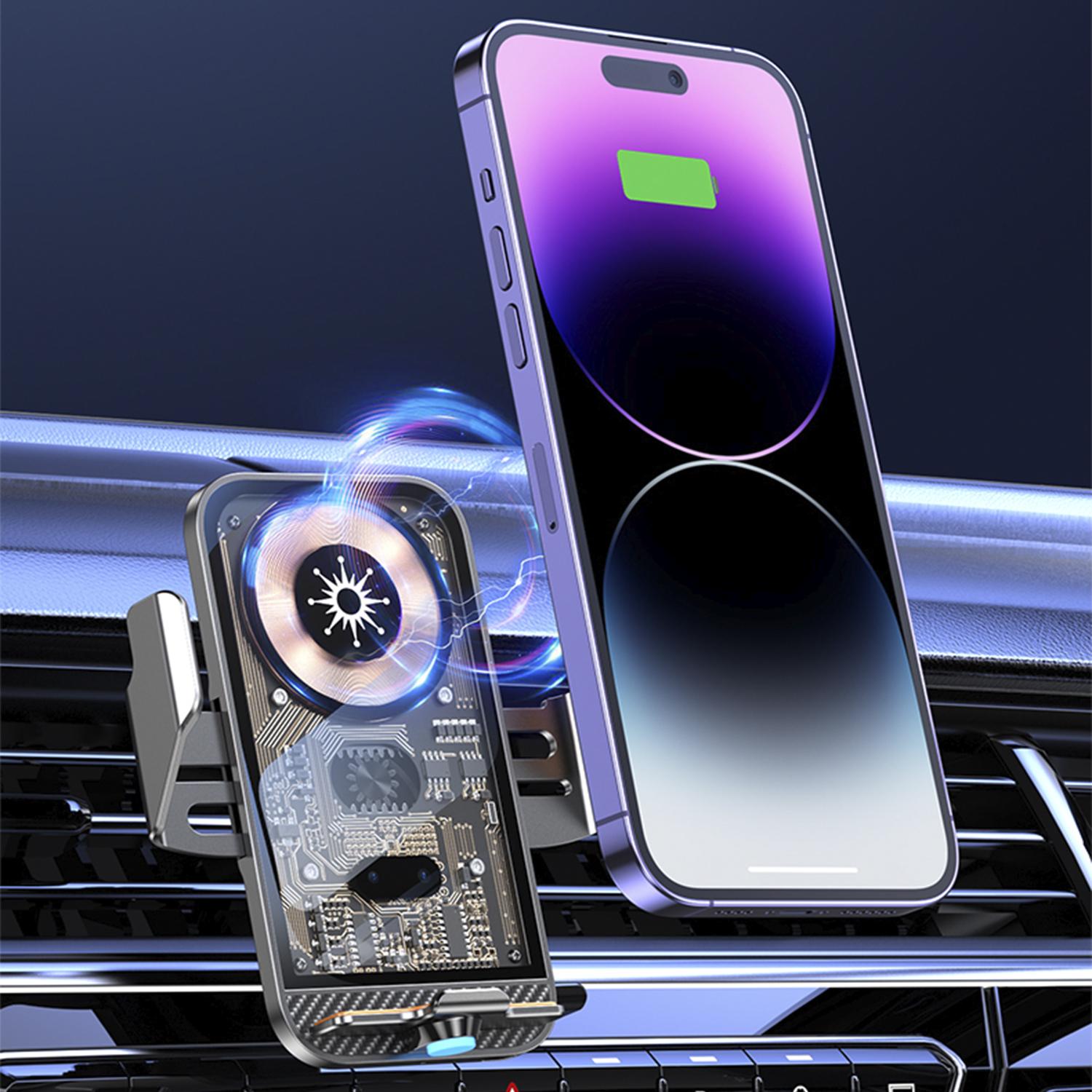 Caricabatteria da auto Qi 15W C11 con rotazione di 360°. Per l'aspirazione dell'aria. Supporta la ricarica standard con adattatori USB-C, micro USB e Lightning.