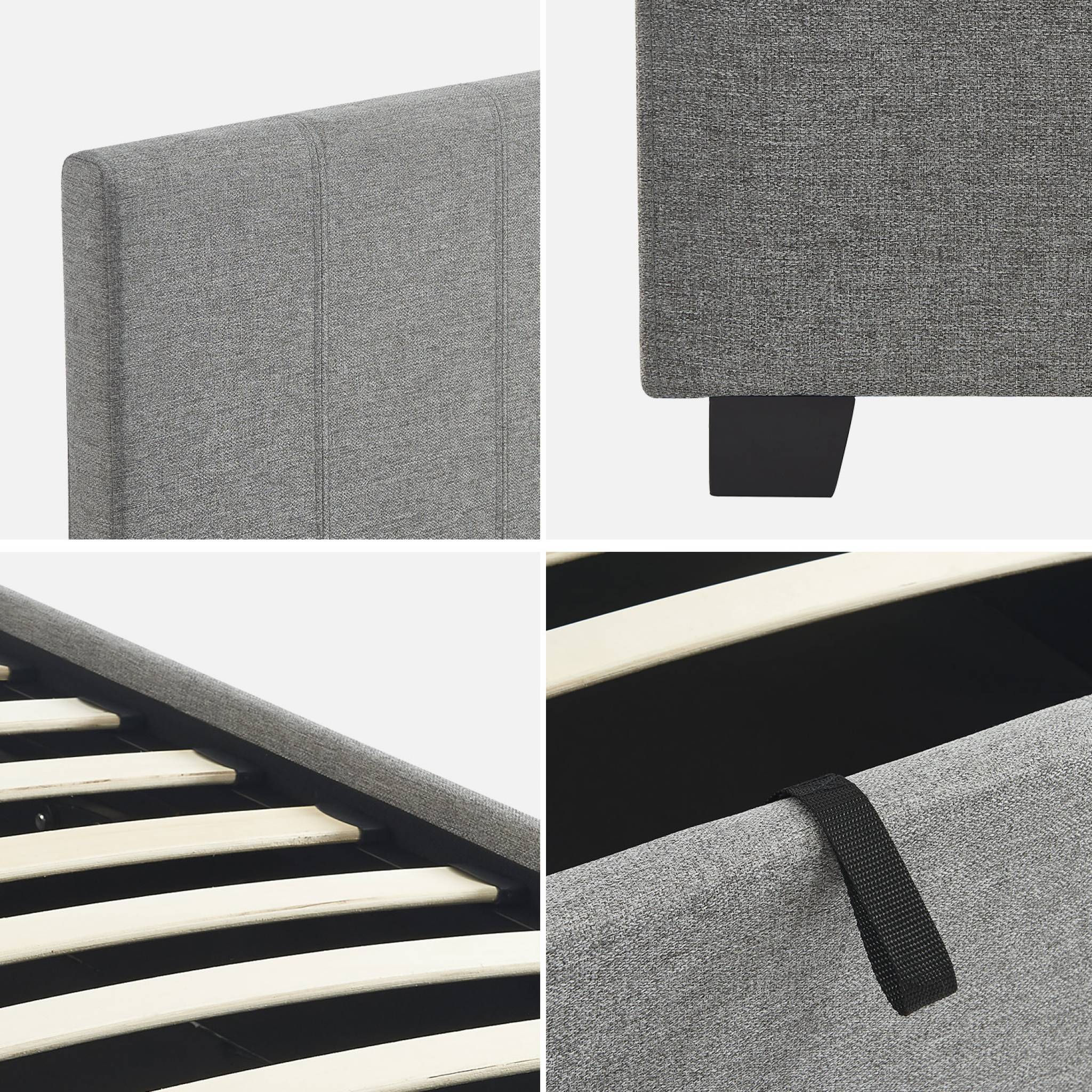 Lit coffre avec sommier à lattes et tête de lit. finition tissu gris clair. L 202 x P 97.5 x H 86cm