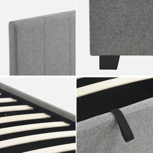 Lit coffre avec sommier à lattes et tête de lit. finition tissu gris clair. L 202 x P 97.5 x H 86cm