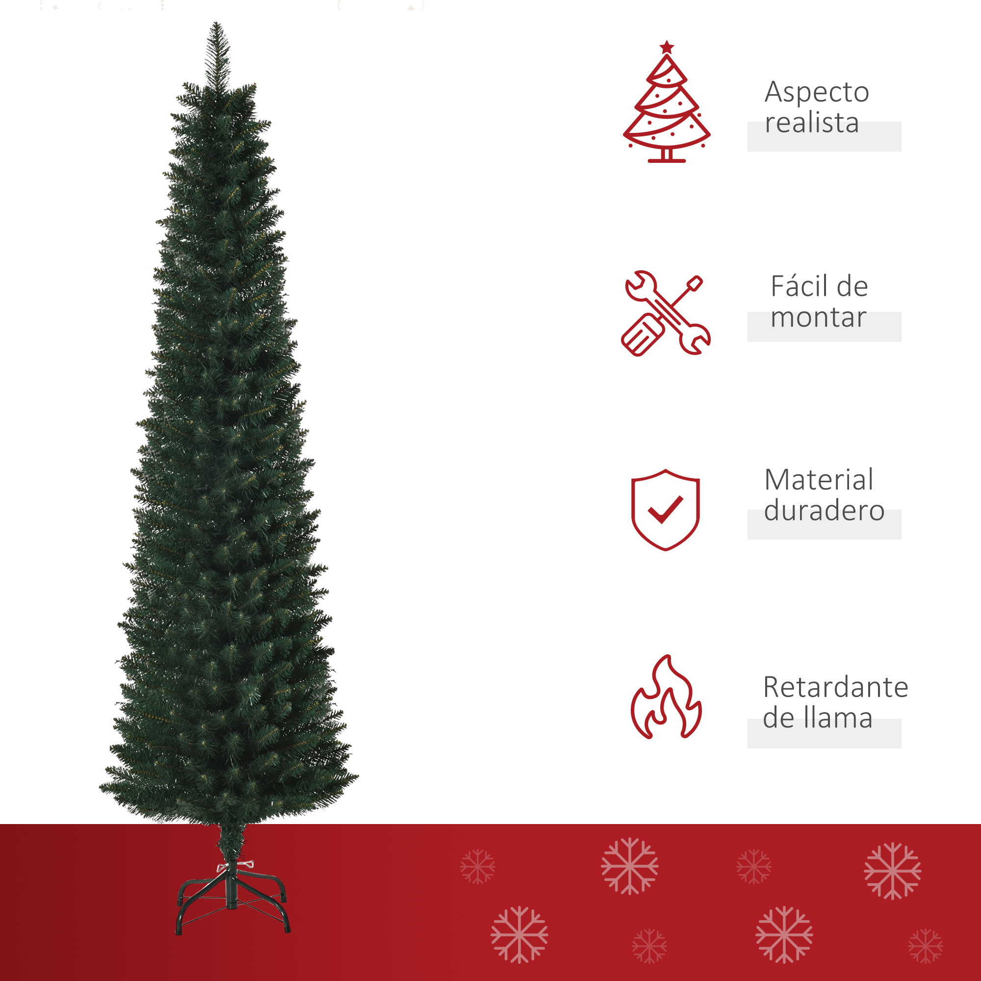 Árbol de Navidad Artificial Altura 180 cm Ignífugo con 380 Ramas Hojas de PVC Base Plegable y Soporte Metálico Decoración Navideña para Interiores Ø56x180 cm Verde