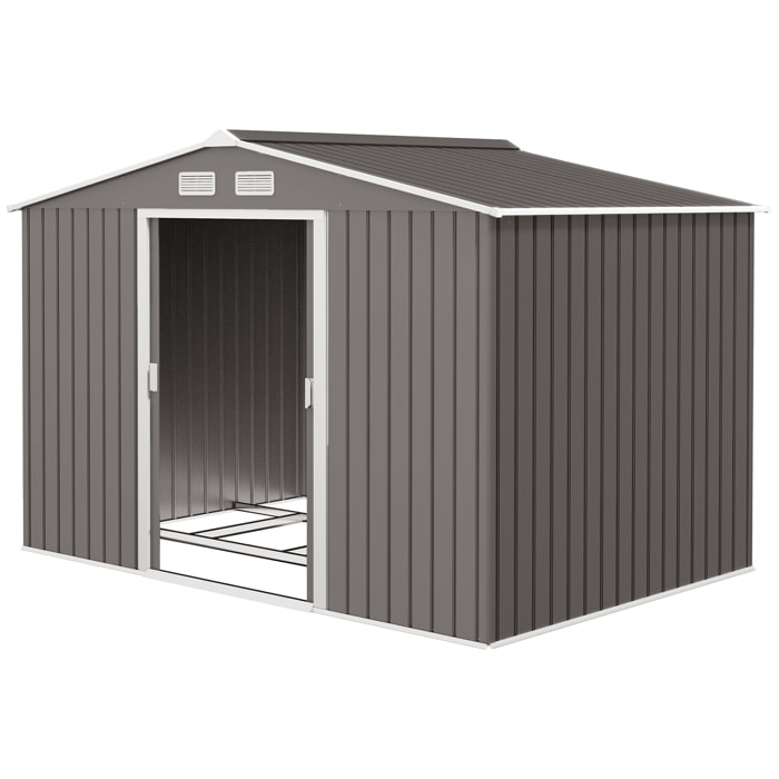 Abri de jardin - remise pour outils - cabanon double porte coulissante - fondation incluse - dim. 277L x 191l x 192H cm - tôle d'acier ondulée grise