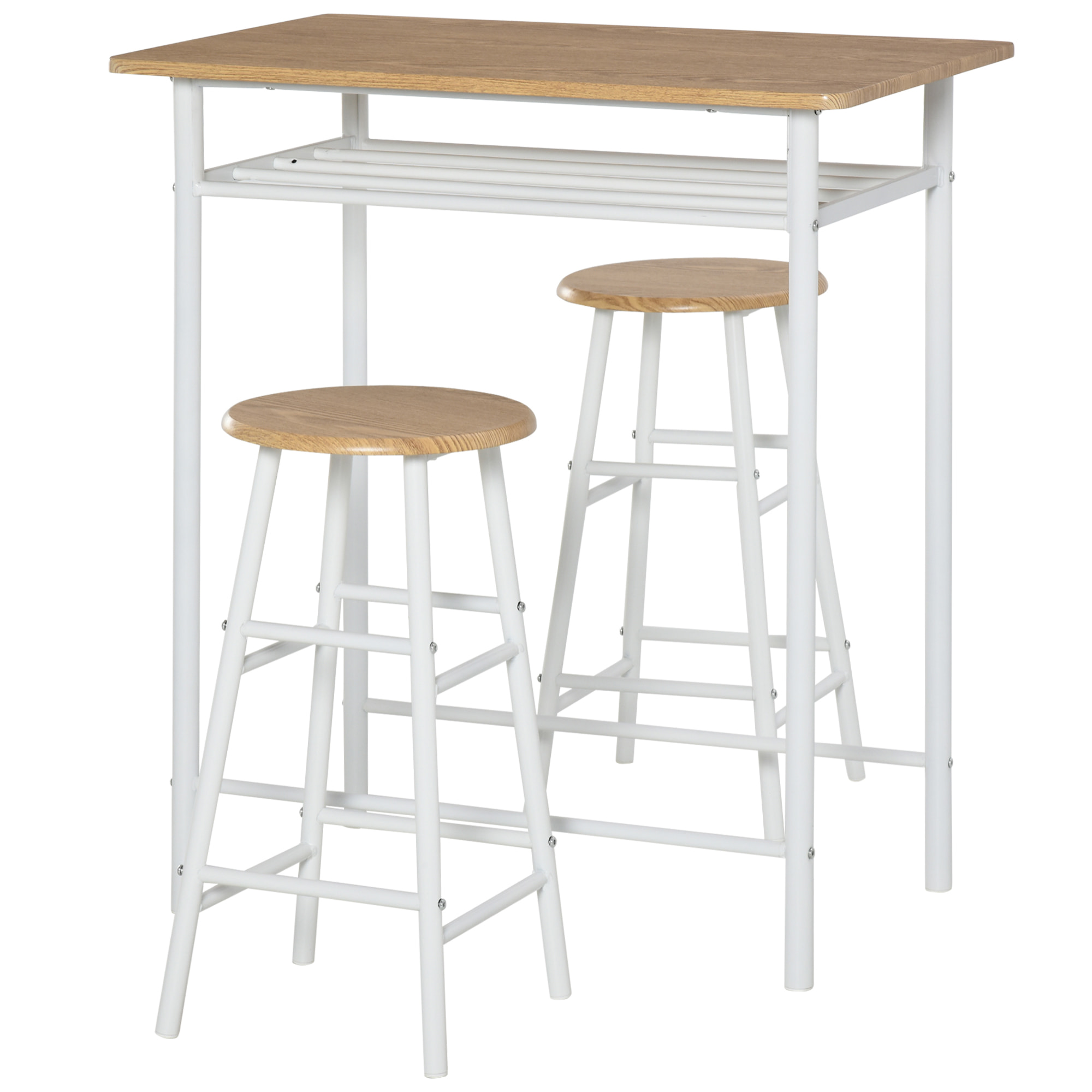 HOMCOM Juego de Mueble de Bar Set de Mesa Alta y 2 Taburetes con Estante de Almacenamiento y Marco de Metal para Cocina Comedor 80x50x90 cm Blanco y Natural