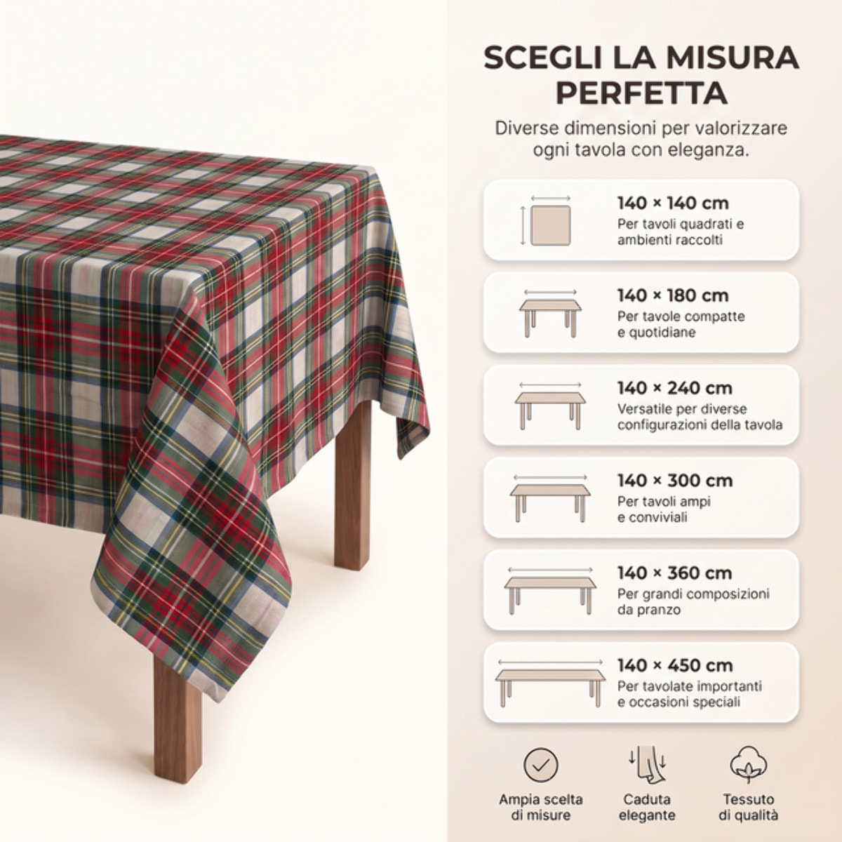 Tovaglia Tartan in Cotone Tinto Filo, Fantasia Scozzese per Tavola da Pranzo, Ideale per Natale e Feste, Disponibile in Diverse Misure, Made in Italy