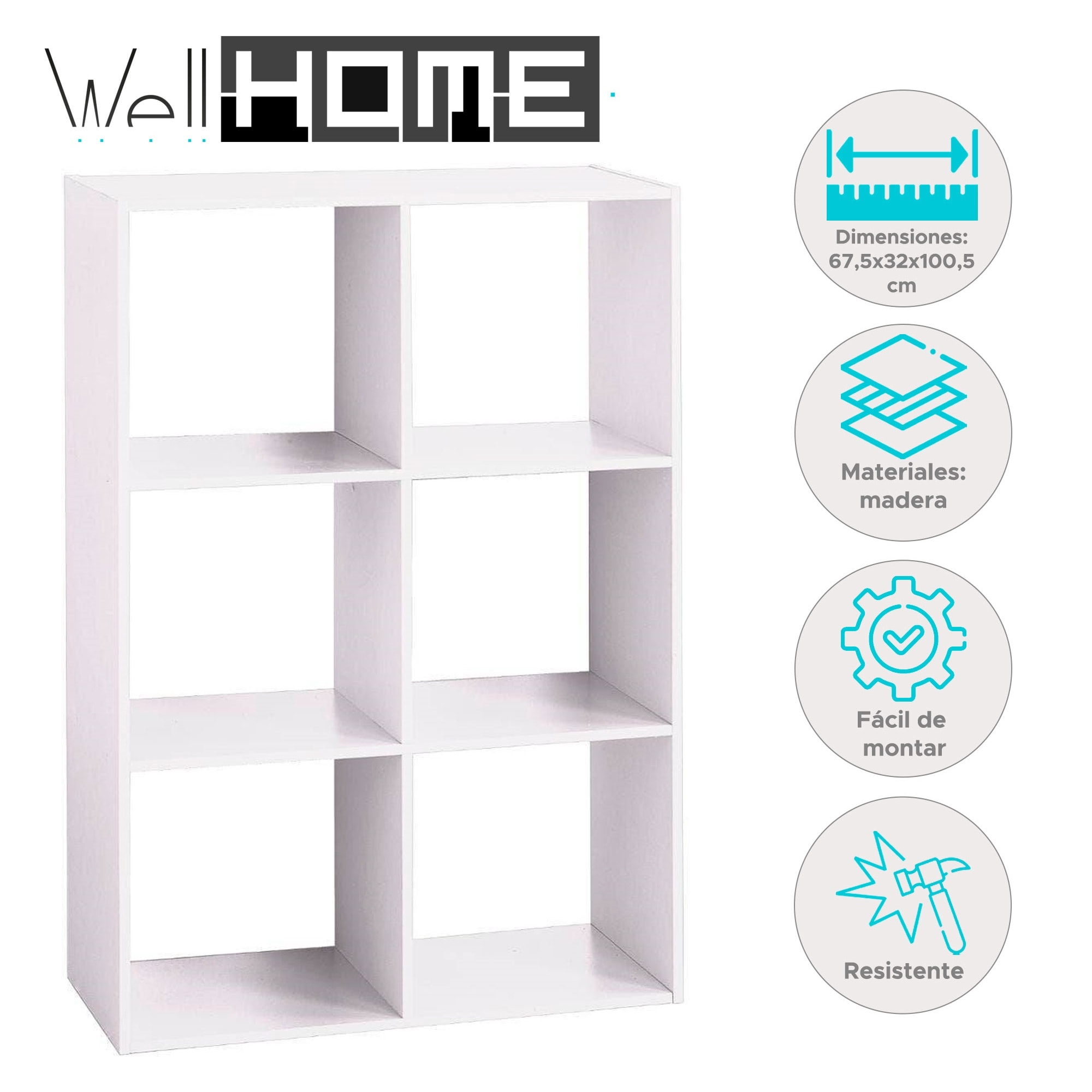Well home - estante de madera con 6 compartimentos color blanco h.100,5cm