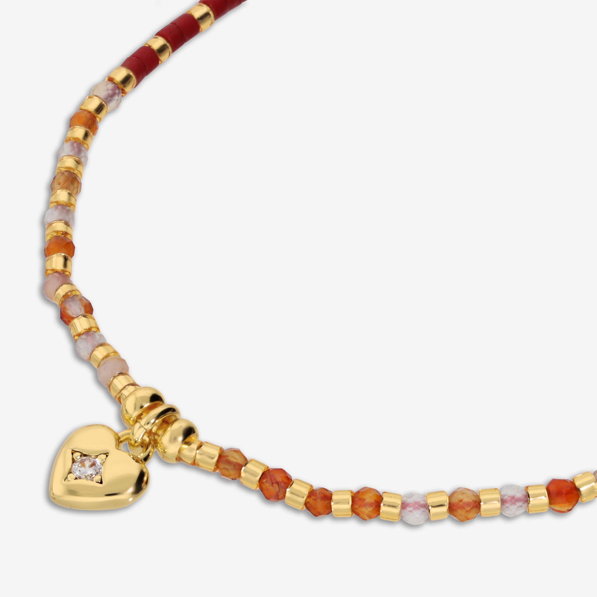 Bracciale Regolabile con Bead Lucide, Agata Rossa e Ciondolo Cuore