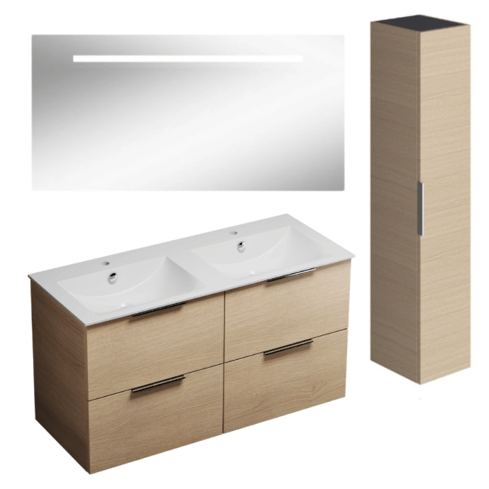 Meuble double vasque 120 cm BURGBAD Olena chêne clair + miroir + colonne
