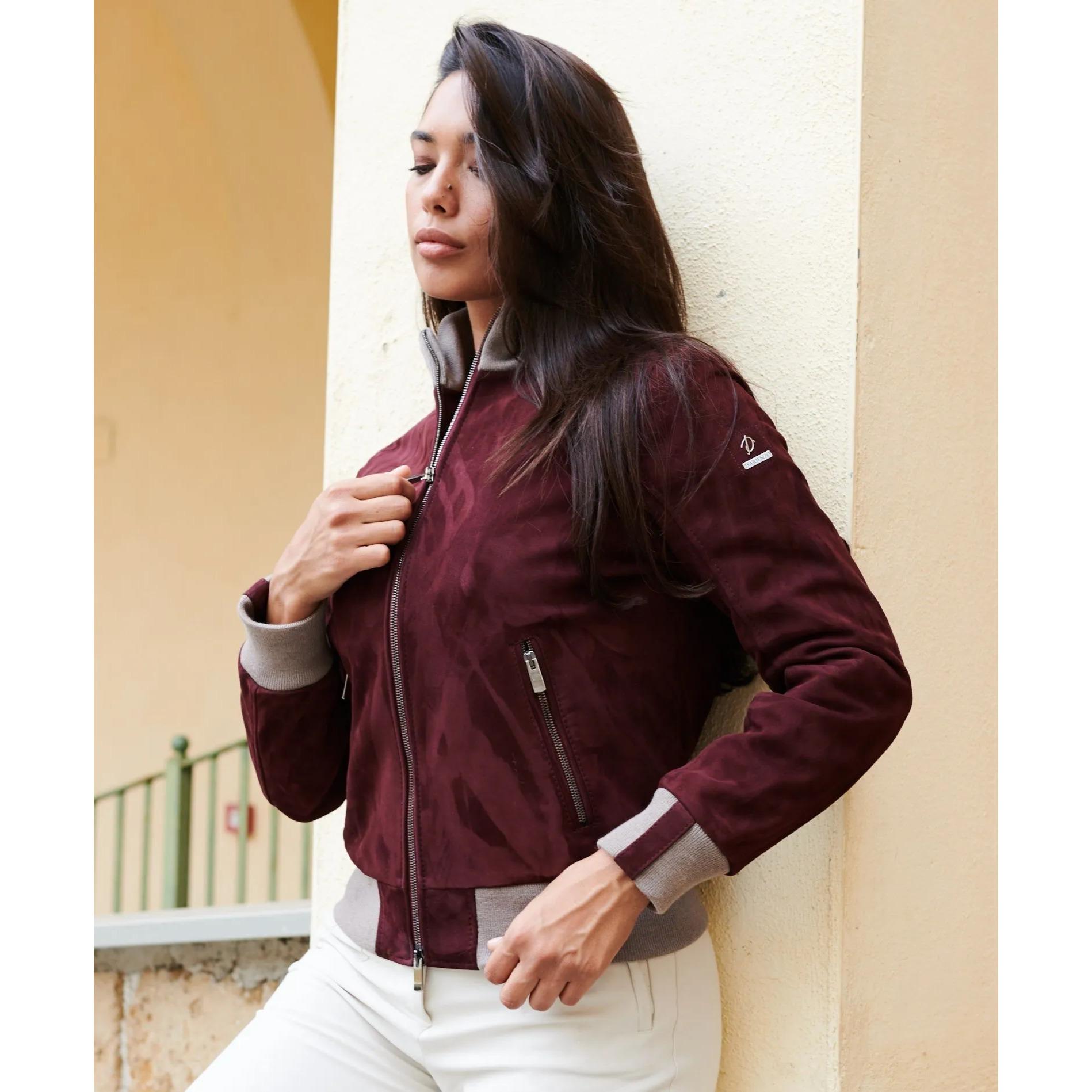 Bomber in pelle scamosciata bordeaux collo in lana merino