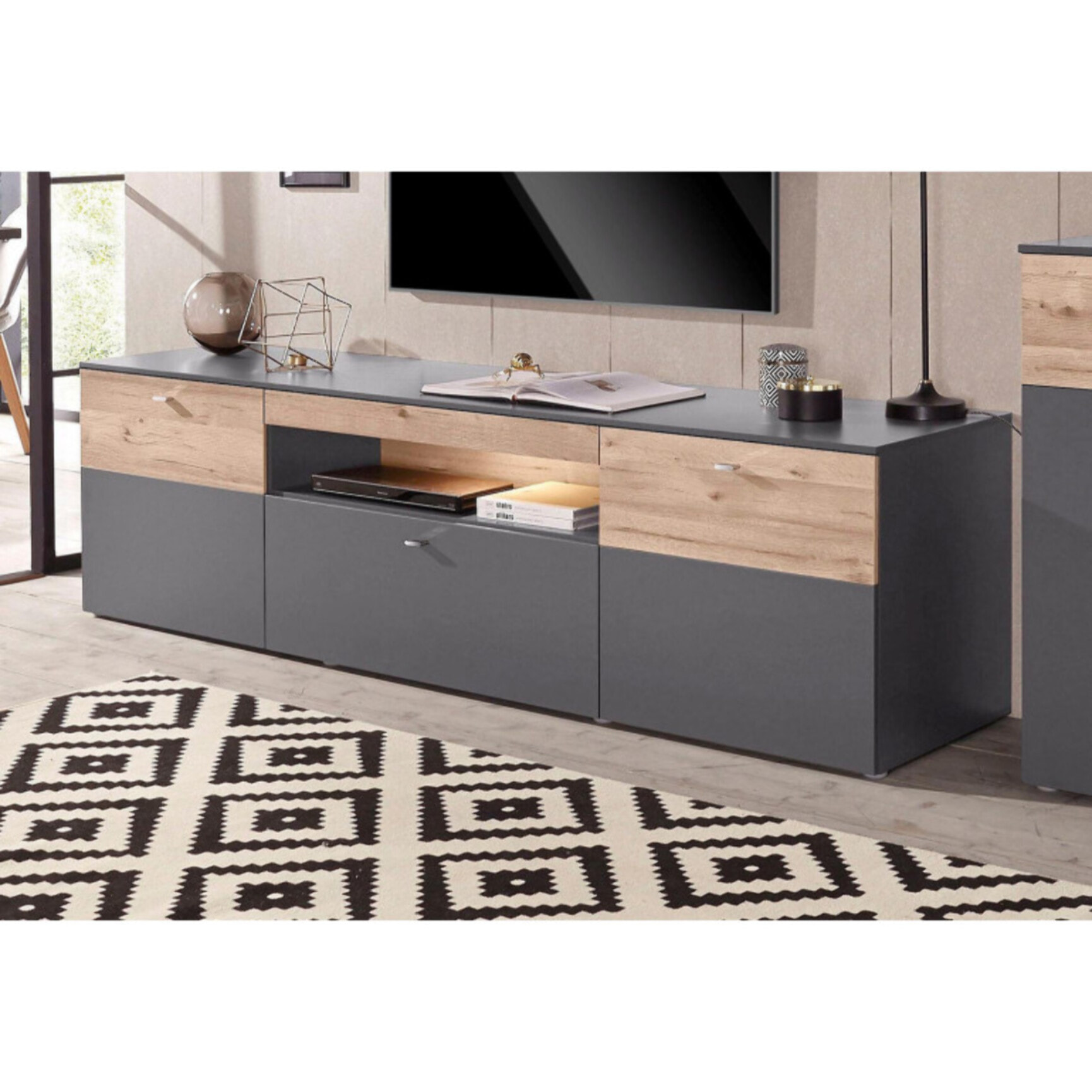 Meuble TV gris & effet bois L 210cm - TONY