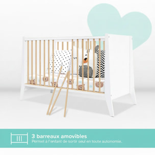 Lit Evolutif Timéo à barreaux 60 x 120 cm, Couleur Blanc & Bois, En Bois, 3 Hauteurs, Barreaux amovibles